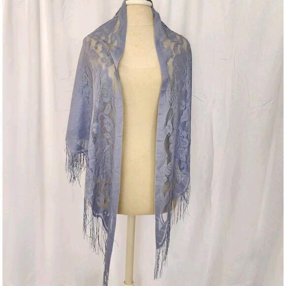 Formal Shawl Fringe Gray Triangle Scarf Lace Evening Shoulder Wrap Romantic - Picture 7 of 7